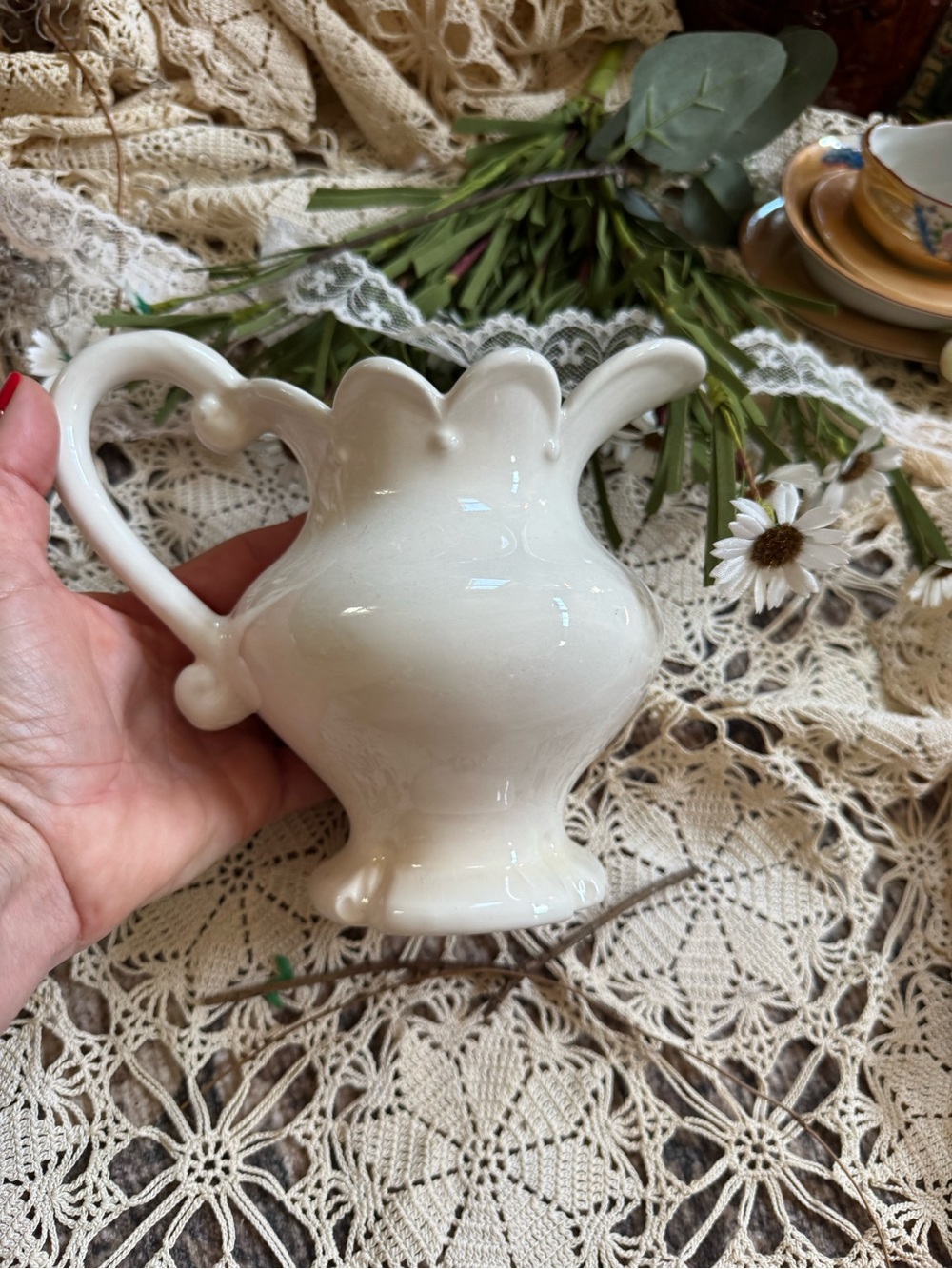 Vintage Cream Ceramic Pitcher - Scalloped Rim Accent - Picture 6 of 8